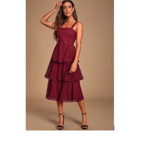 Lulus Burgundy Crochet Lace Ruffled Midi Dress Size M